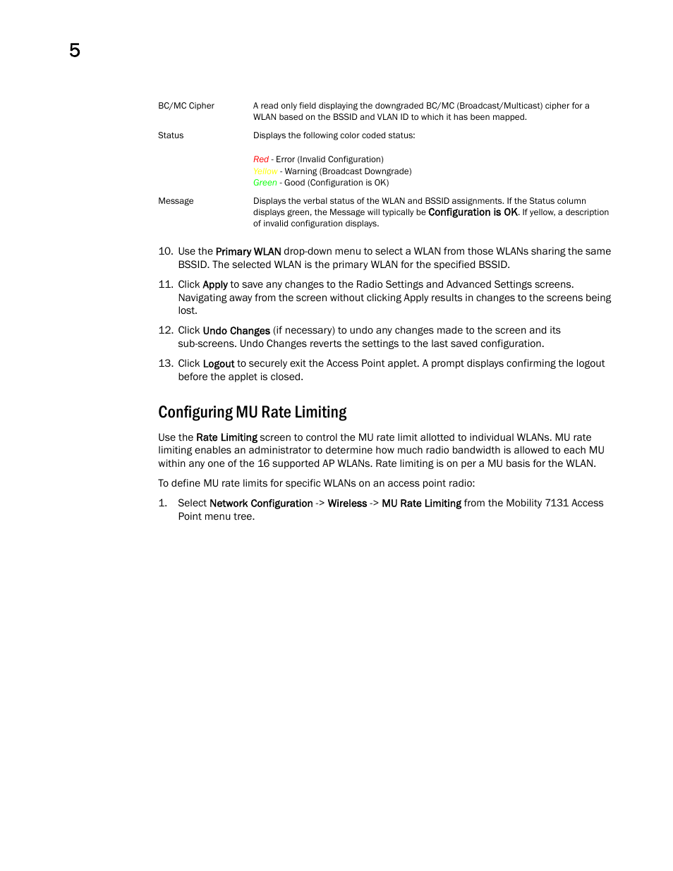 Configuring mu rate limiting | Brocade Mobility 7131 Access Point Product Reference Guide (Supporting software release 4.4.0.0 and later) User Manual | Page 188 / 520