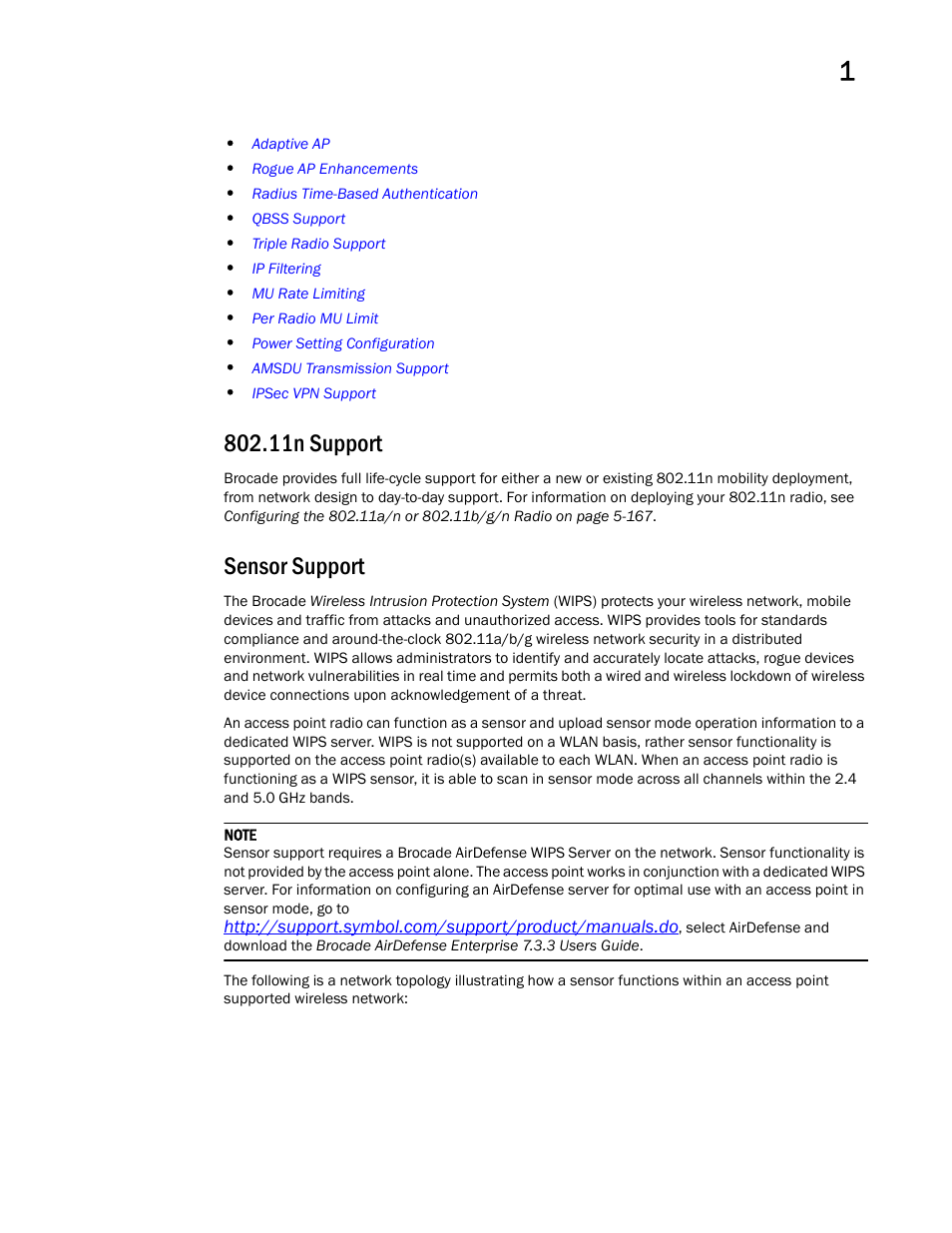 11n support, Sensor support, 11n support sensor support | Brocade Mobility 7131 Access Point Product Reference Guide (Supporting software release 4.4.0.0 and later) User Manual | Page 19 / 520