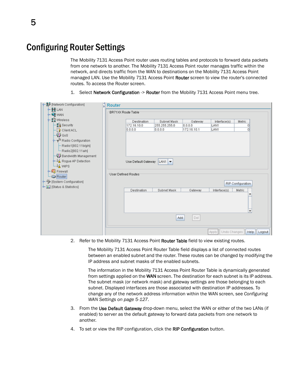 Configuring router settings | Brocade Mobility 7131 Access Point Product Reference Guide (Supporting software release 4.4.0.0 and later) User Manual | Page 190 / 520