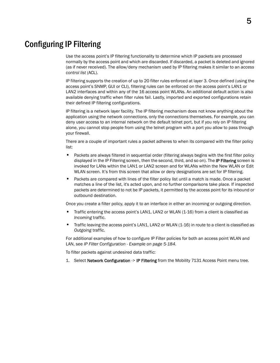 Configuring ip filtering | Brocade Mobility 7131 Access Point Product Reference Guide (Supporting software release 4.4.0.0 and later) User Manual | Page 193 / 520