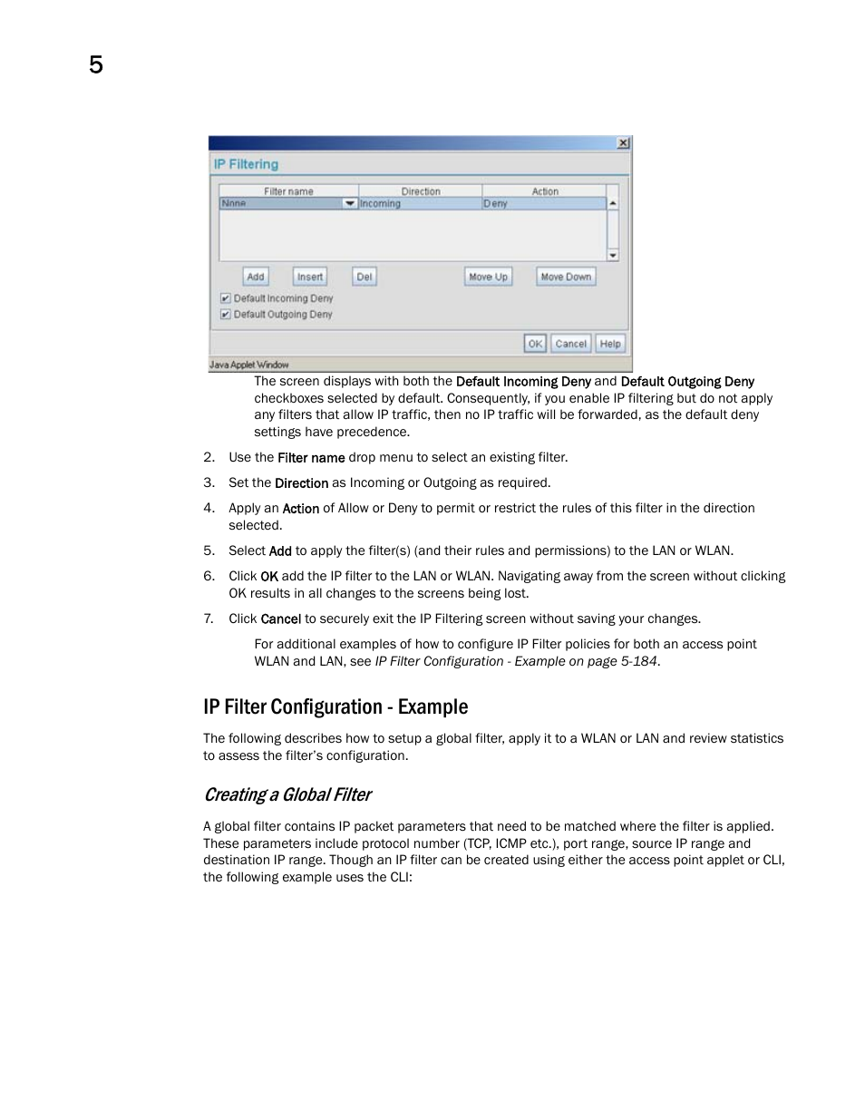 Ip filter configuration - example, Creating a global filter | Brocade Mobility 7131 Access Point Product Reference Guide (Supporting software release 4.4.0.0 and later) User Manual | Page 196 / 520