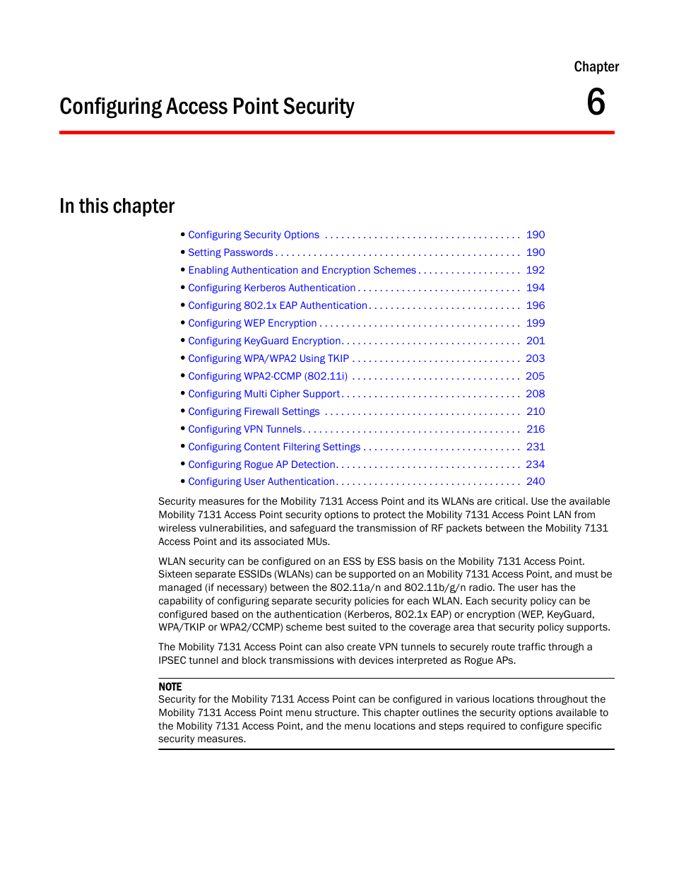 Configuring access point security, In this chapter, Chapter 6 | Chapter, D in, Chapter , configuring access | Brocade Mobility 7131 Access Point Product Reference Guide (Supporting software release 4.4.0.0 and later) User Manual | Page 201 / 520