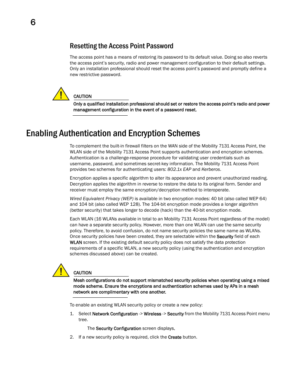 Resetting the access point password, Enabling authentication and encryption schemes | Brocade Mobility 7131 Access Point Product Reference Guide (Supporting software release 4.4.0.0 and later) User Manual | Page 204 / 520