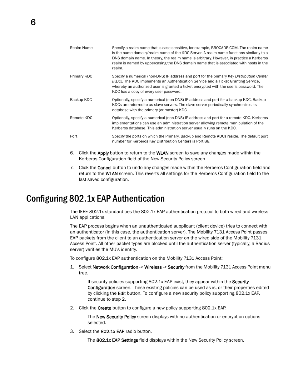 Configuring 802.1x eap authentication | Brocade Mobility 7131 Access Point Product Reference Guide (Supporting software release 4.4.0.0 and later) User Manual | Page 208 / 520