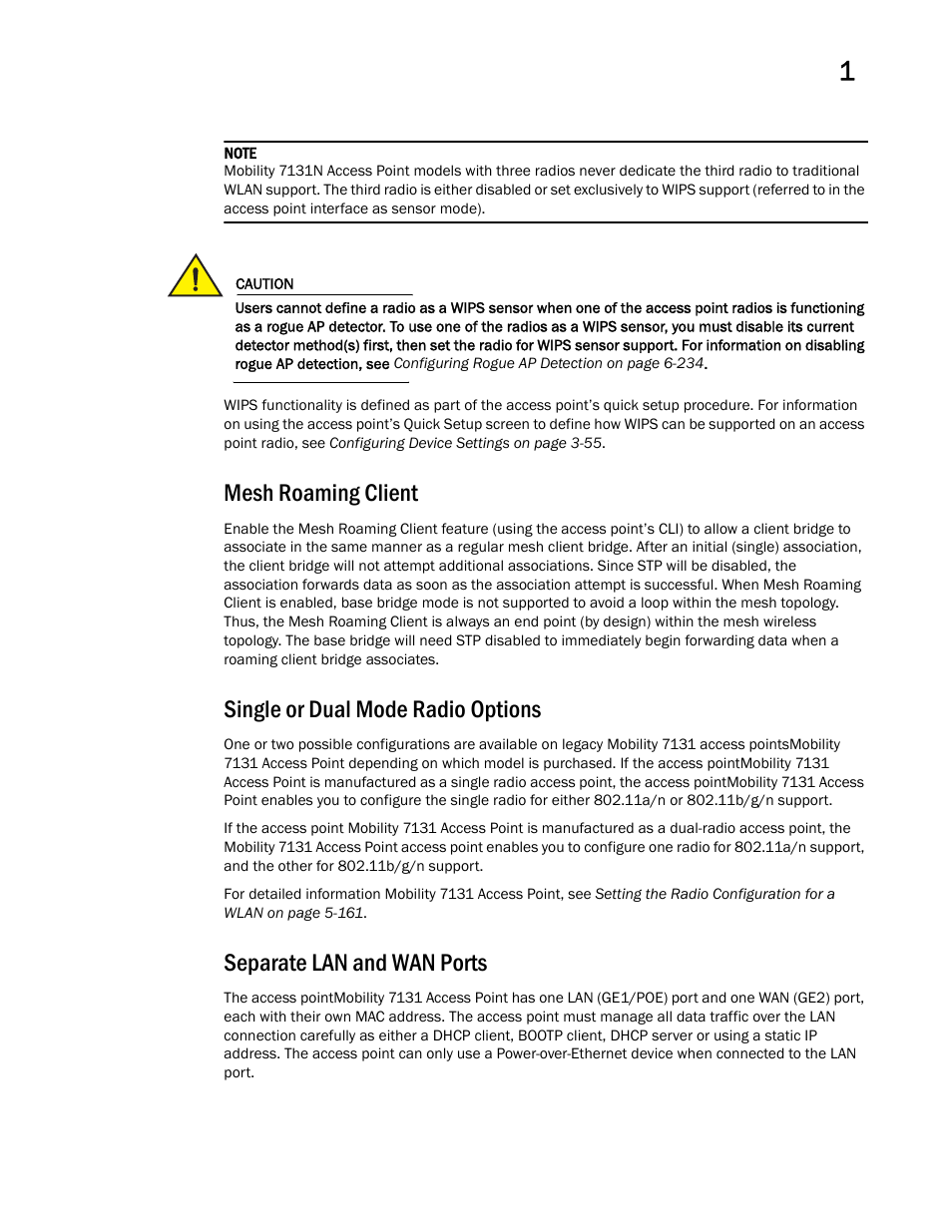 Mesh roaming client, Single or dual mode radio options, Separate lan and wan ports | Brocade Mobility 7131 Access Point Product Reference Guide (Supporting software release 4.4.0.0 and later) User Manual | Page 21 / 520