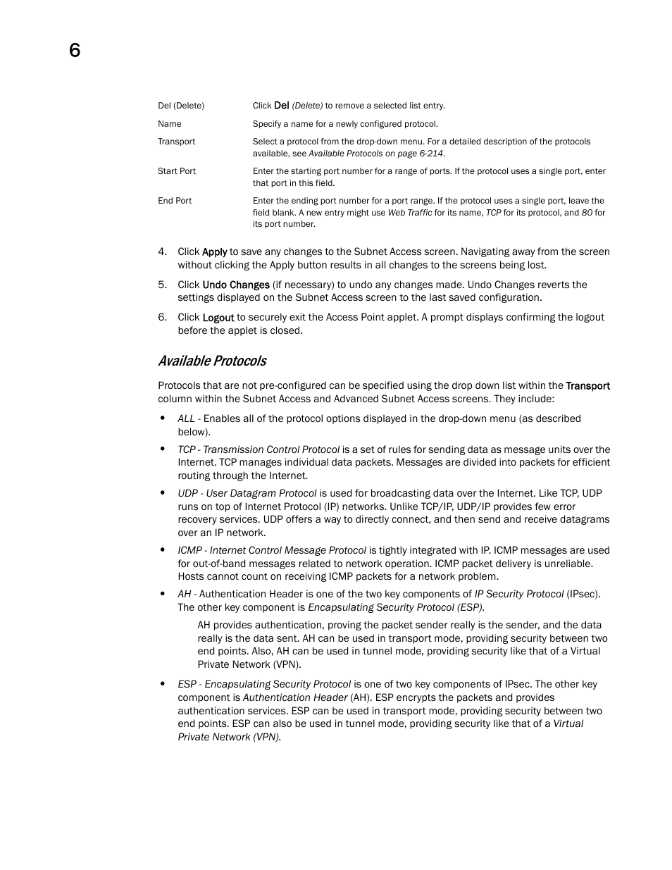 Available protocols | Brocade Mobility 7131 Access Point Product Reference Guide (Supporting software release 4.4.0.0 and later) User Manual | Page 226 / 520