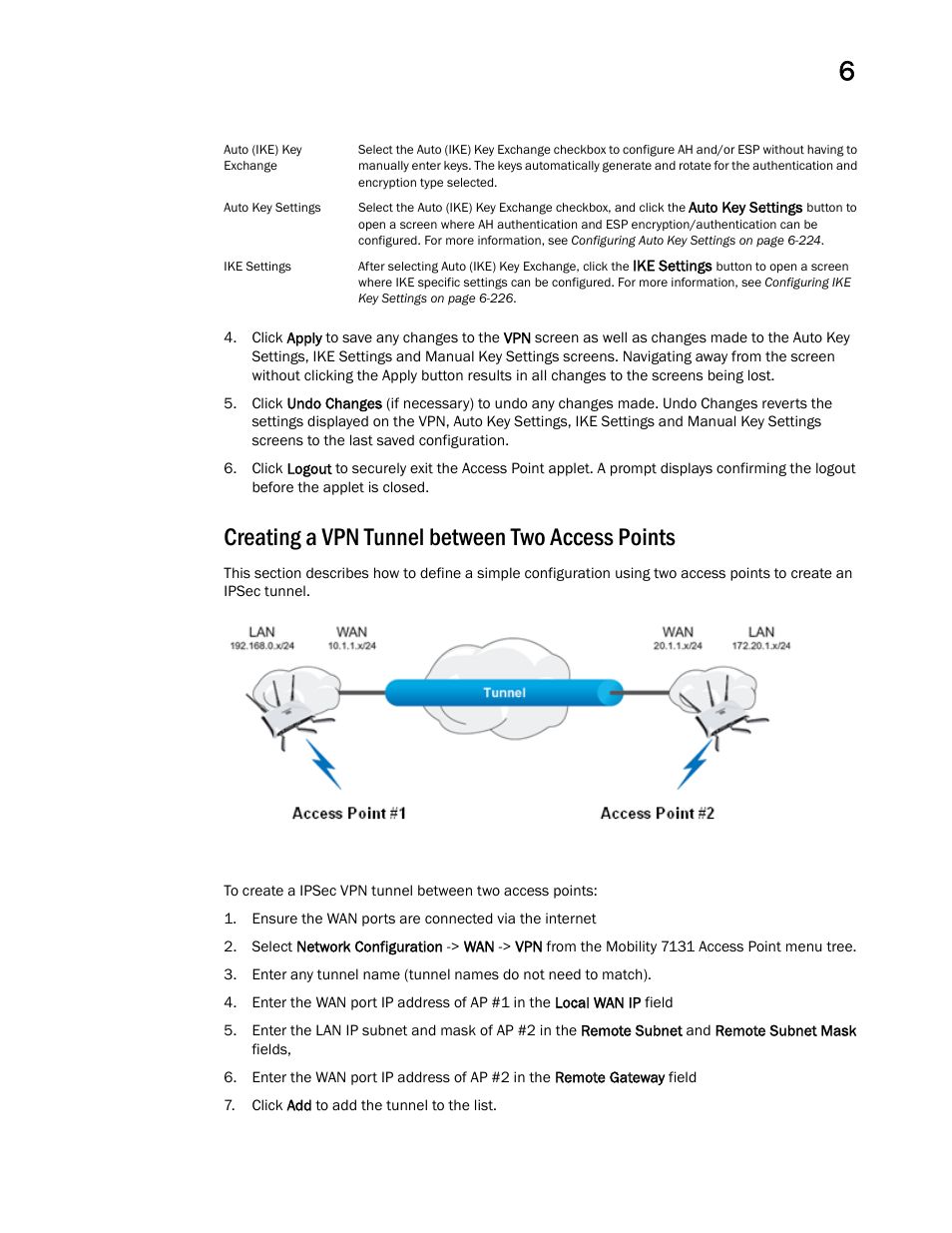 Creating a vpn tunnel between two access points | Brocade Mobility 7131 Access Point Product Reference Guide (Supporting software release 4.4.0.0 and later) User Manual | Page 231 / 520