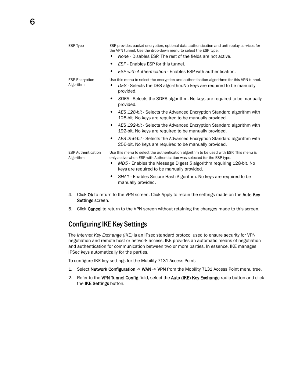 Configuring ike key settings | Brocade Mobility 7131 Access Point Product Reference Guide (Supporting software release 4.4.0.0 and later) User Manual | Page 238 / 520