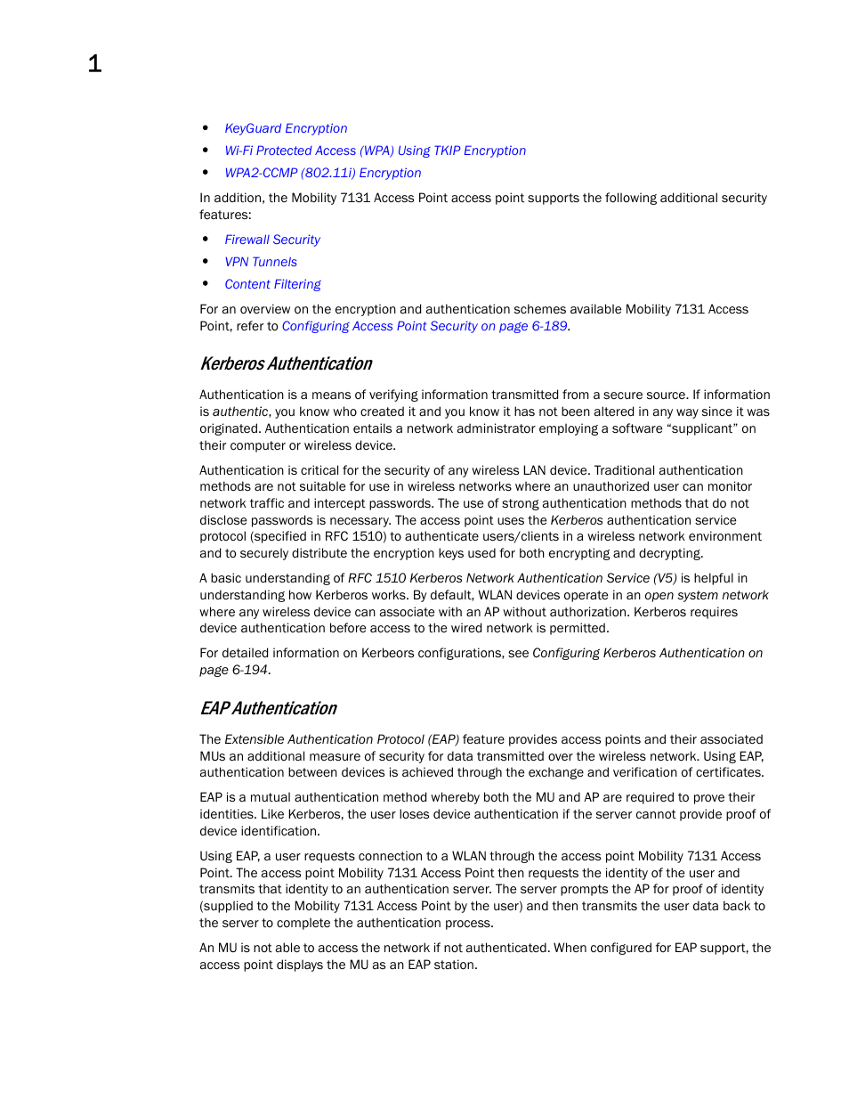 Kerberos authentication, Eap authentication | Brocade Mobility 7131 Access Point Product Reference Guide (Supporting software release 4.4.0.0 and later) User Manual | Page 24 / 520