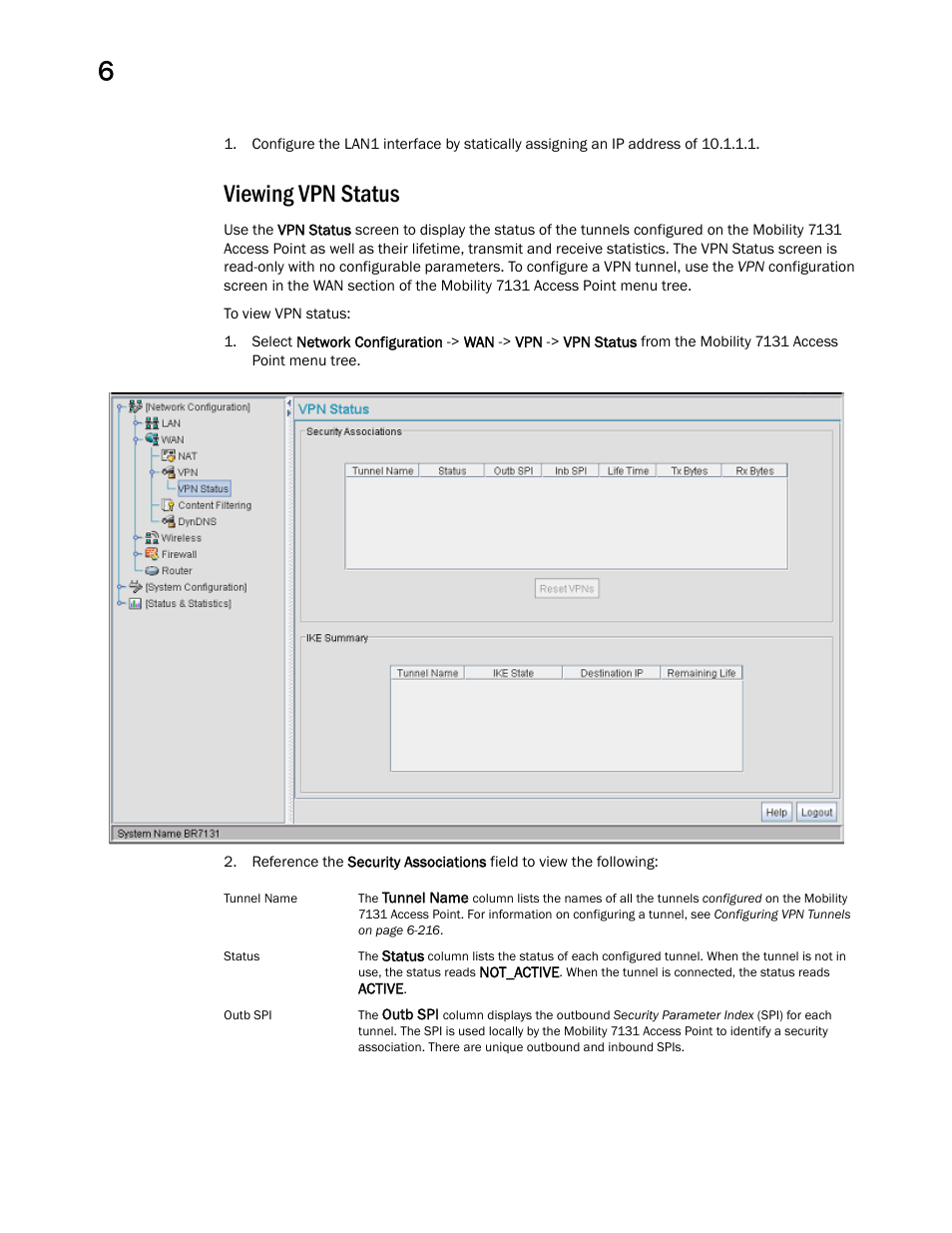 Viewing vpn status | Brocade Mobility 7131 Access Point Product Reference Guide (Supporting software release 4.4.0.0 and later) User Manual | Page 242 / 520
