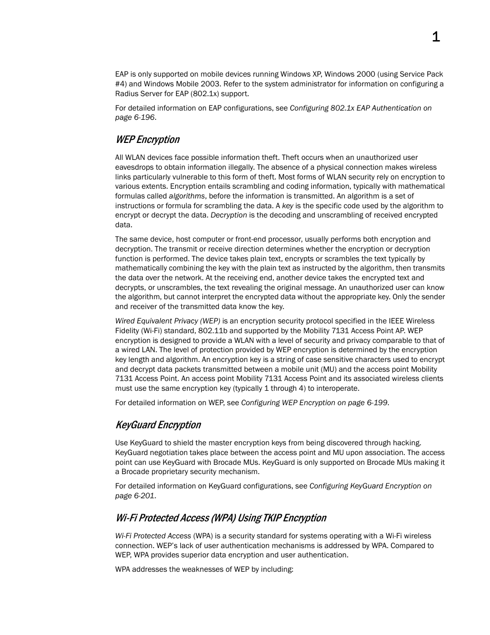 Wep encryption, Keyguard encryption, Wi-fi protected access (wpa) using tkip encryption | Brocade Mobility 7131 Access Point Product Reference Guide (Supporting software release 4.4.0.0 and later) User Manual | Page 25 / 520