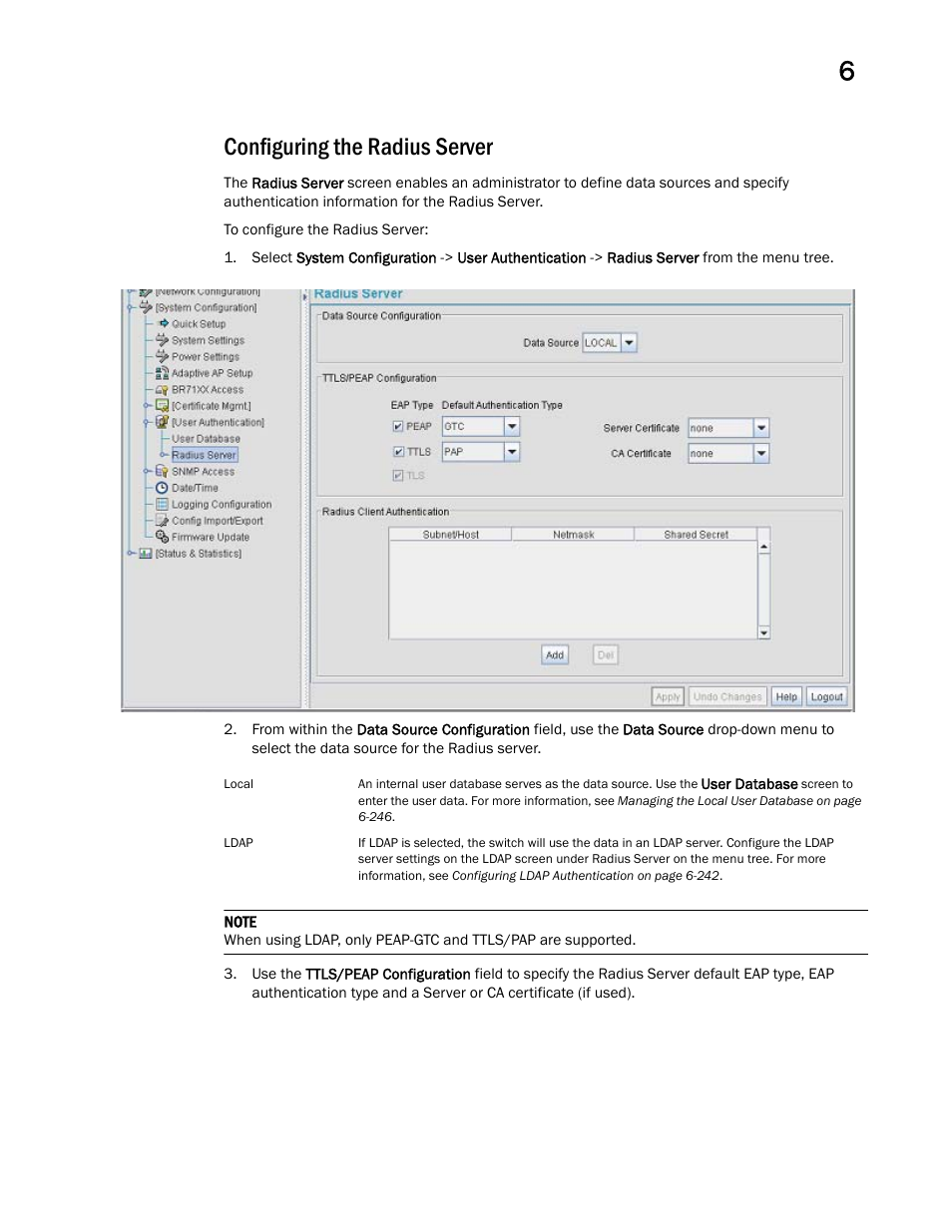 Configuring the radius server | Brocade Mobility 7131 Access Point Product Reference Guide (Supporting software release 4.4.0.0 and later) User Manual | Page 253 / 520