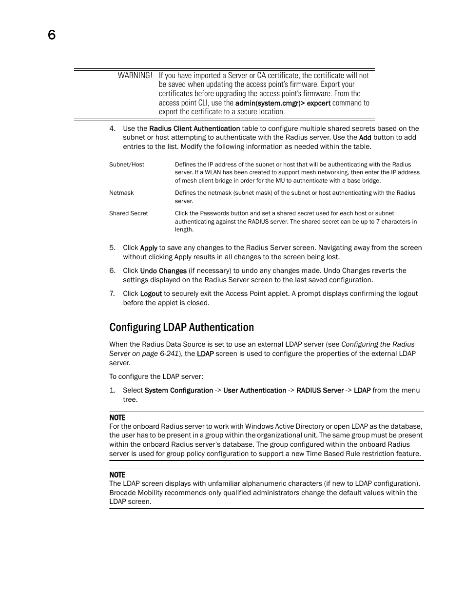 Configuring ldap authentication | Brocade Mobility 7131 Access Point Product Reference Guide (Supporting software release 4.4.0.0 and later) User Manual | Page 254 / 520