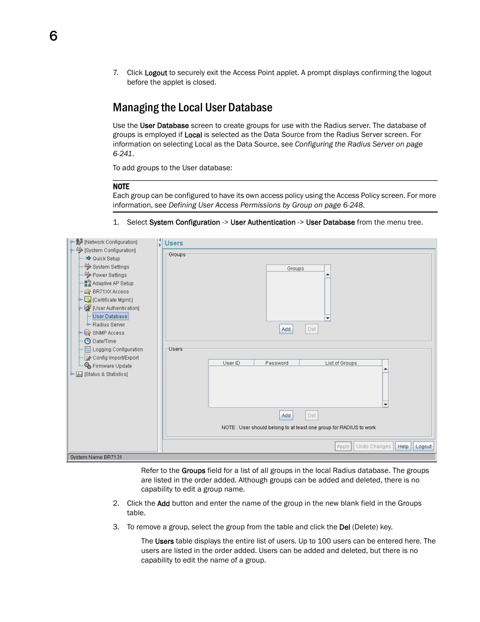 Managing the local user database | Brocade Mobility 7131 Access Point Product Reference Guide (Supporting software release 4.4.0.0 and later) User Manual | Page 258 / 520