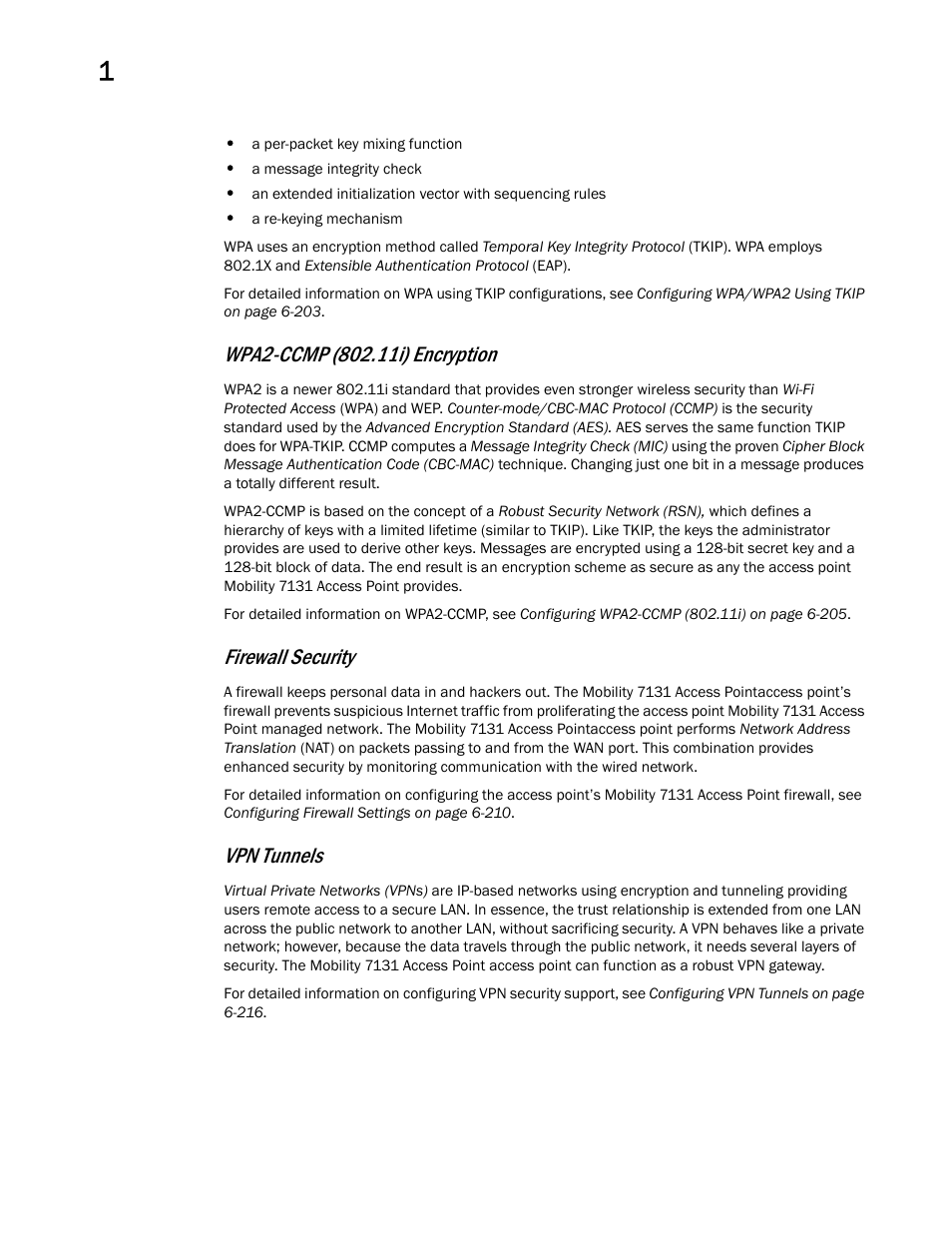 Wpa2-ccmp (802.11i) encryption, Firewall security, Vpn tunnels | Brocade Mobility 7131 Access Point Product Reference Guide (Supporting software release 4.4.0.0 and later) User Manual | Page 26 / 520