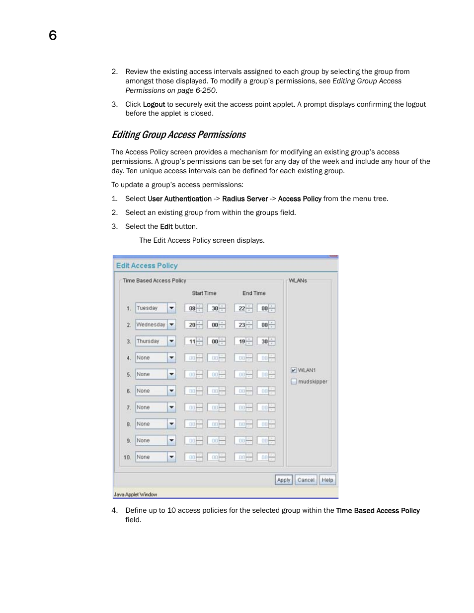 Editing group access permissions | Brocade Mobility 7131 Access Point Product Reference Guide (Supporting software release 4.4.0.0 and later) User Manual | Page 262 / 520