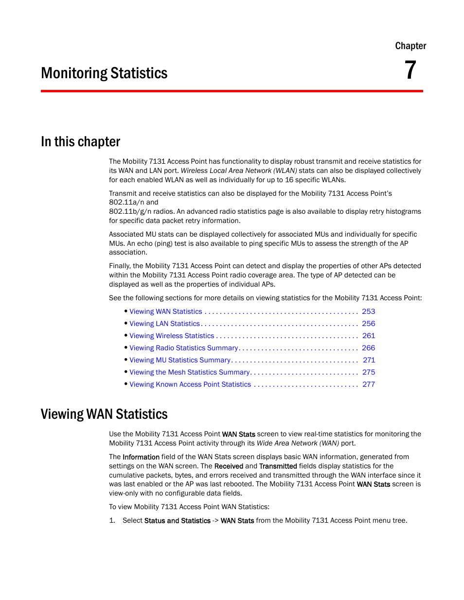 Monitoring statistics, In this chapter, Viewing wan statistics | Chapter 7 | Brocade Mobility 7131 Access Point Product Reference Guide (Supporting software release 4.4.0.0 and later) User Manual | Page 265 / 520