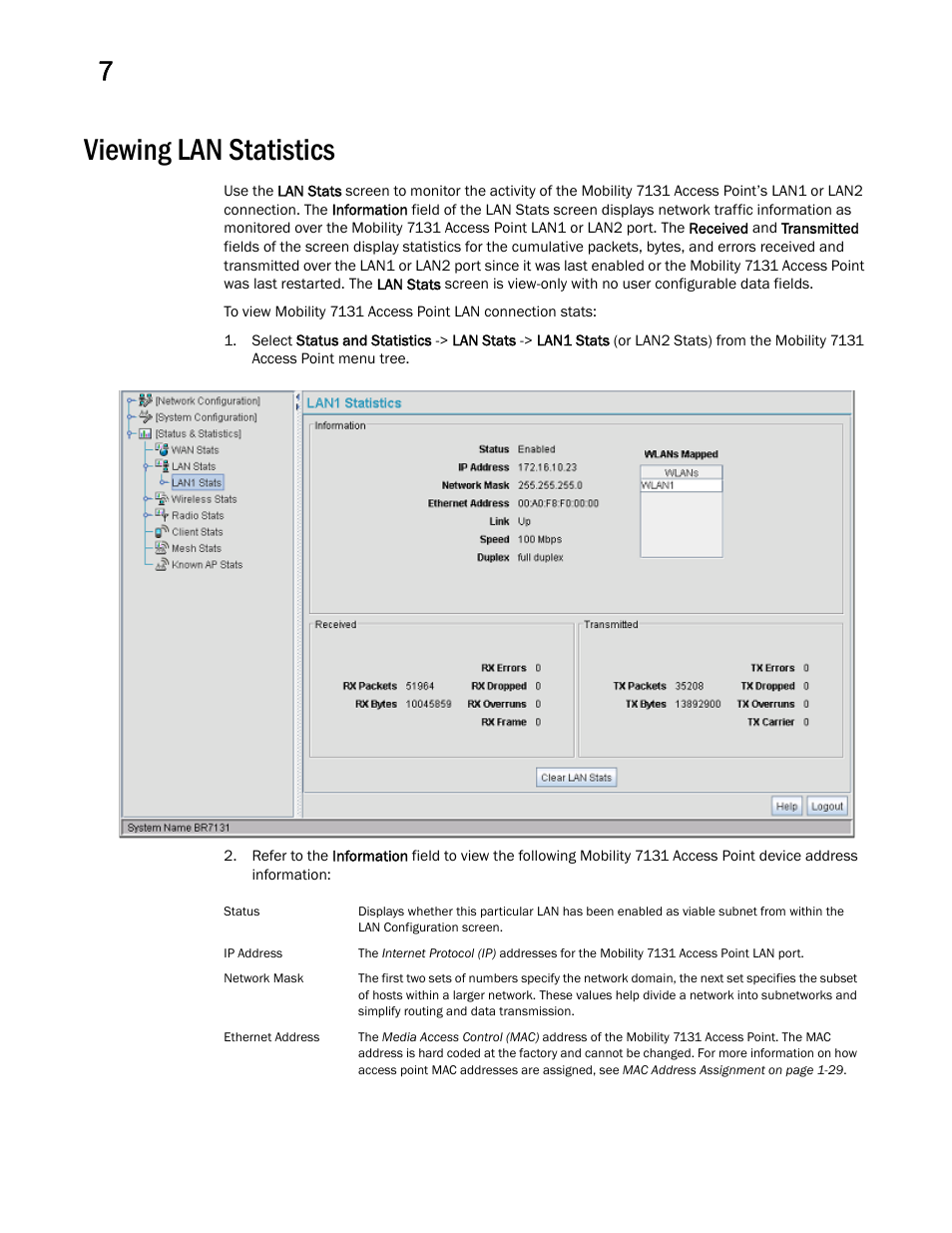 Viewing lan statistics | Brocade Mobility 7131 Access Point Product Reference Guide (Supporting software release 4.4.0.0 and later) User Manual | Page 268 / 520