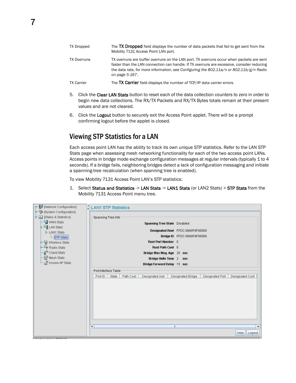 Viewing stp statistics for a lan | Brocade Mobility 7131 Access Point Product Reference Guide (Supporting software release 4.4.0.0 and later) User Manual | Page 270 / 520