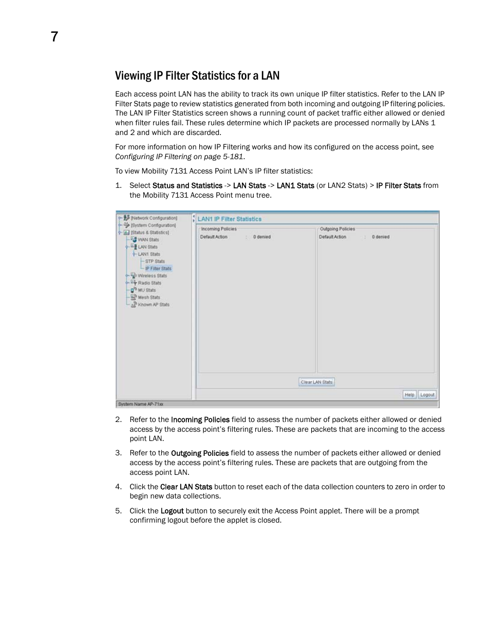 Viewing ip filter statistics for a lan | Brocade Mobility 7131 Access Point Product Reference Guide (Supporting software release 4.4.0.0 and later) User Manual | Page 272 / 520