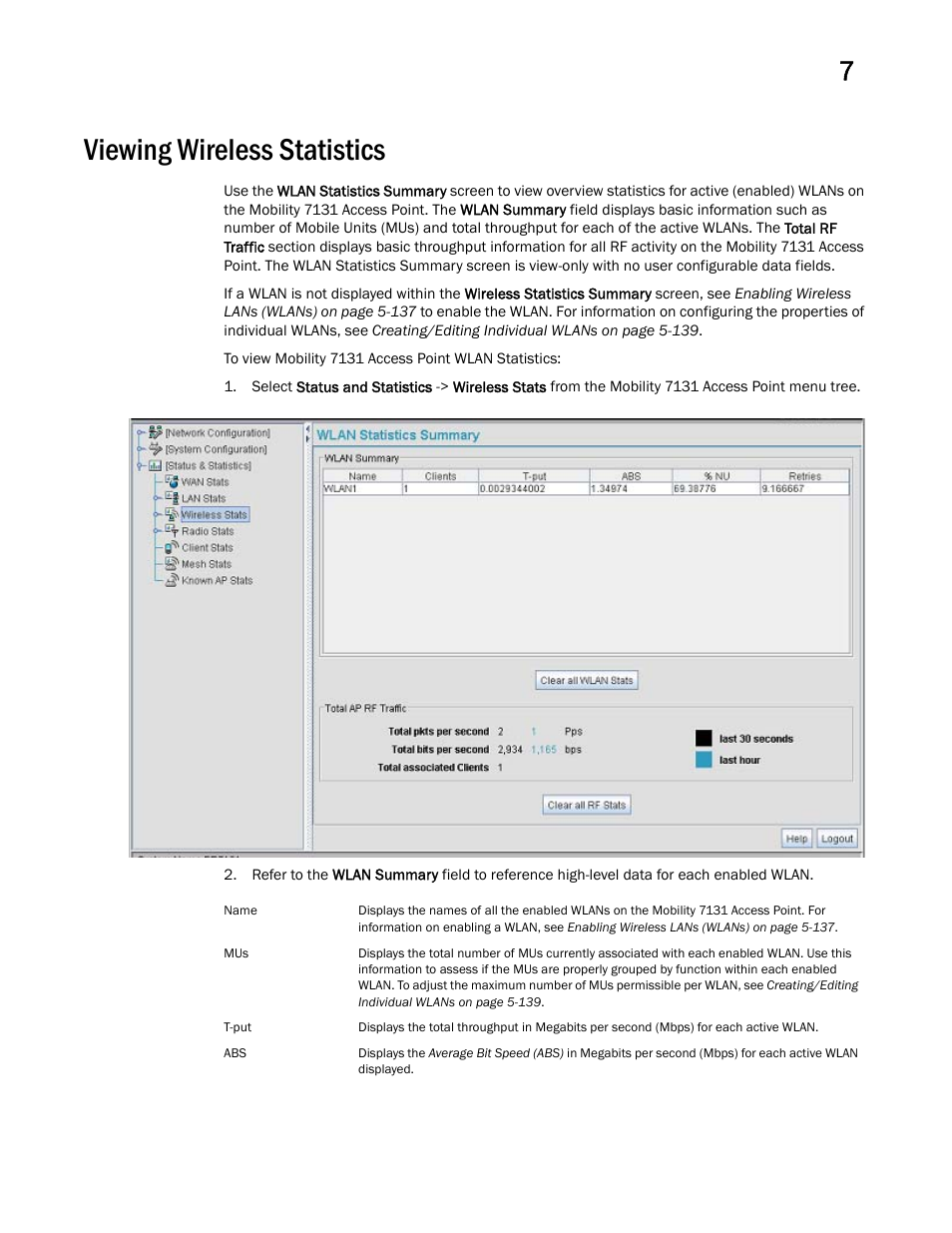 Viewing wireless statistics | Brocade Mobility 7131 Access Point Product Reference Guide (Supporting software release 4.4.0.0 and later) User Manual | Page 273 / 520