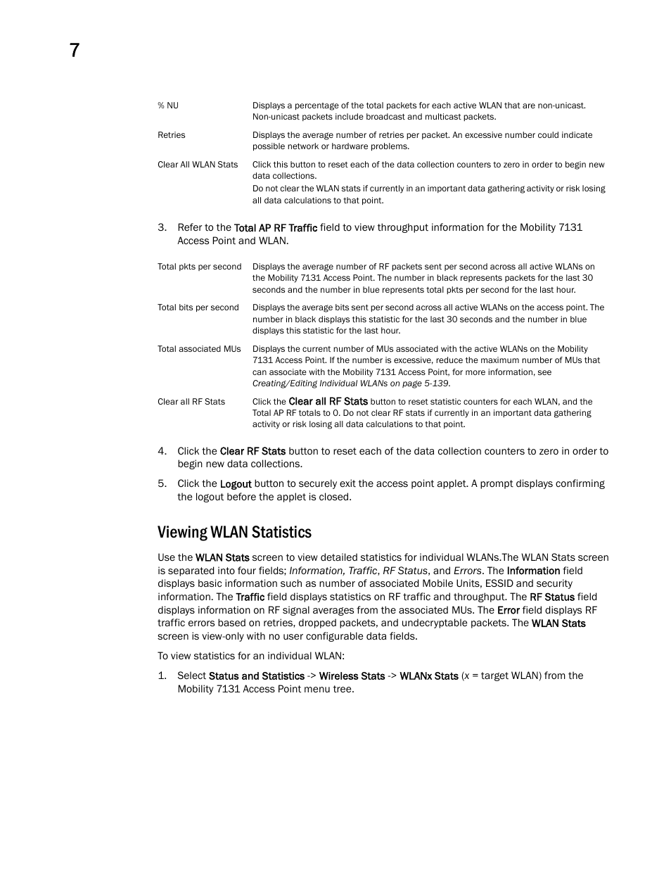 Viewing wlan statistics | Brocade Mobility 7131 Access Point Product Reference Guide (Supporting software release 4.4.0.0 and later) User Manual | Page 274 / 520