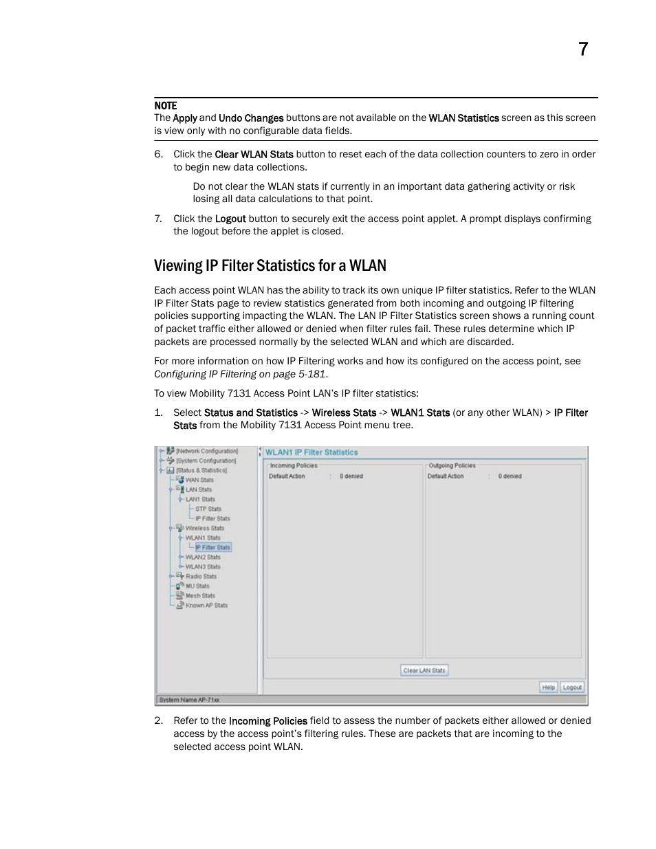 Viewing ip filter statistics for a wlan | Brocade Mobility 7131 Access Point Product Reference Guide (Supporting software release 4.4.0.0 and later) User Manual | Page 277 / 520