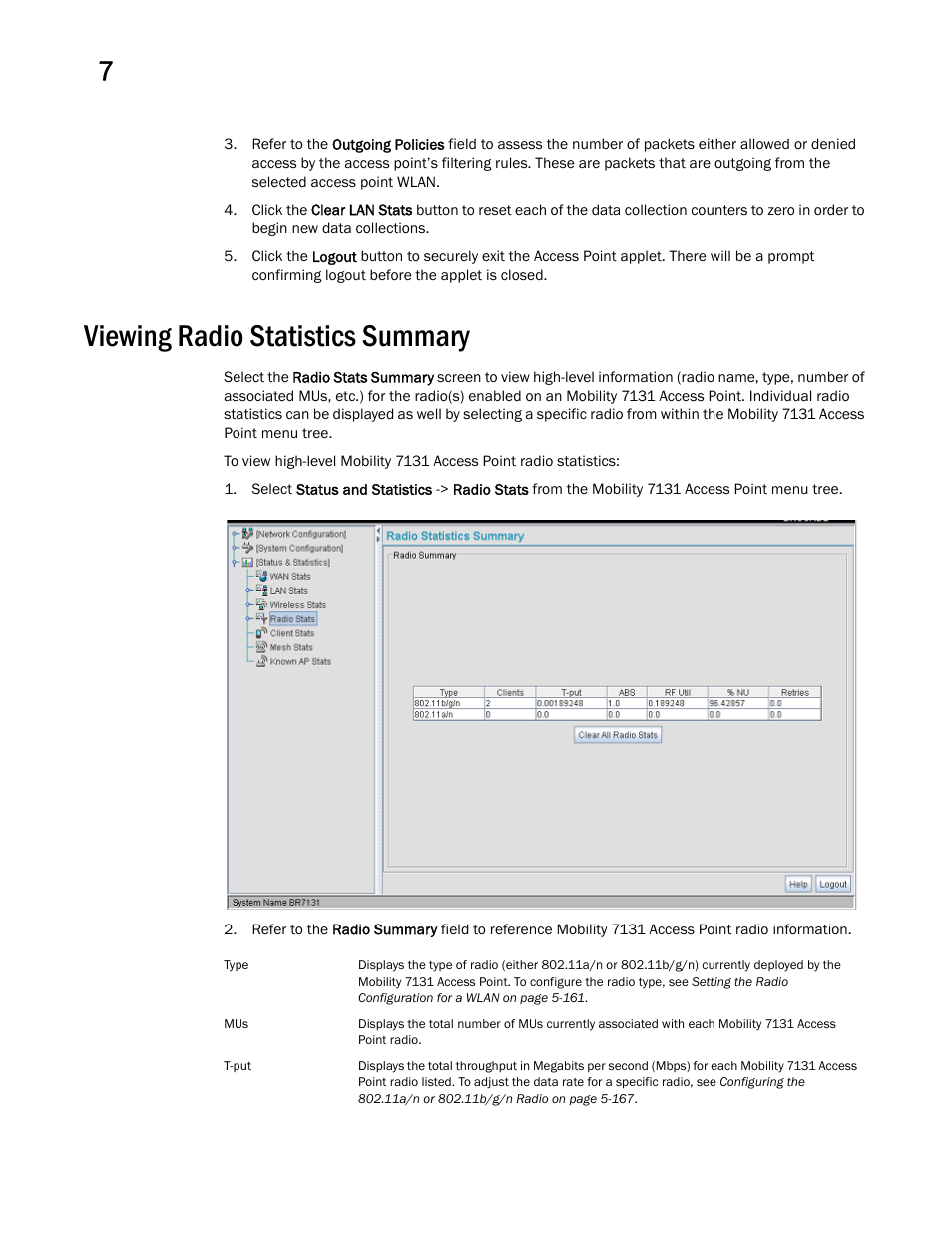 Viewing radio statistics summary | Brocade Mobility 7131 Access Point Product Reference Guide (Supporting software release 4.4.0.0 and later) User Manual | Page 278 / 520