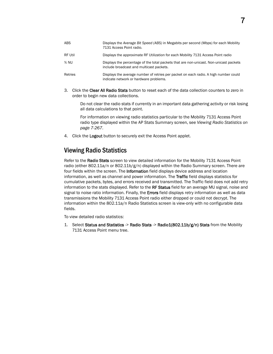 Viewing radio statistics | Brocade Mobility 7131 Access Point Product Reference Guide (Supporting software release 4.4.0.0 and later) User Manual | Page 279 / 520