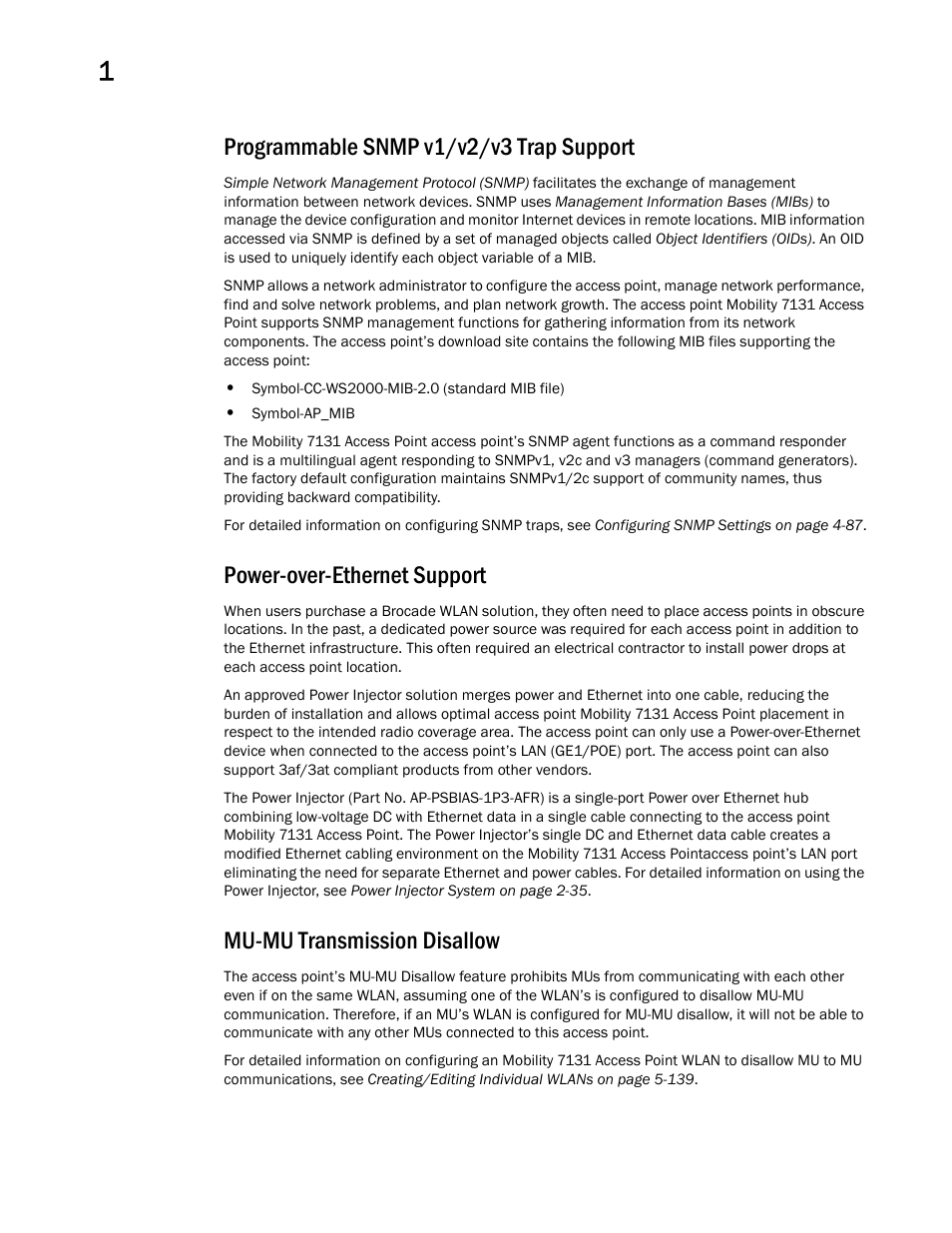 Programmable snmp v1/v2/v3 trap support, Power-over-ethernet support, Mu-mu transmission disallow | Brocade Mobility 7131 Access Point Product Reference Guide (Supporting software release 4.4.0.0 and later) User Manual | Page 28 / 520