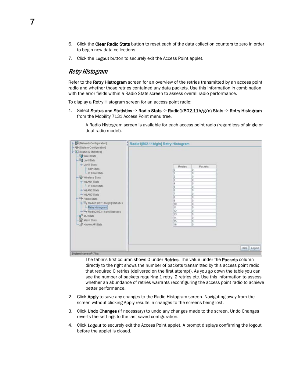 Retry histogram | Brocade Mobility 7131 Access Point Product Reference Guide (Supporting software release 4.4.0.0 and later) User Manual | Page 282 / 520