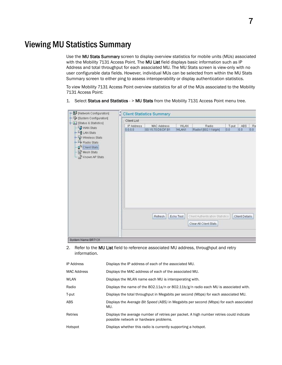 Viewing mu statistics summary | Brocade Mobility 7131 Access Point Product Reference Guide (Supporting software release 4.4.0.0 and later) User Manual | Page 283 / 520