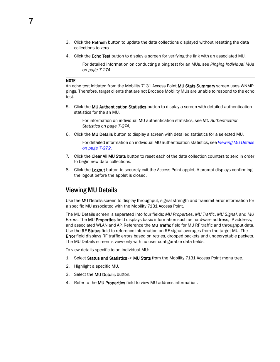 Viewing mu details | Brocade Mobility 7131 Access Point Product Reference Guide (Supporting software release 4.4.0.0 and later) User Manual | Page 284 / 520