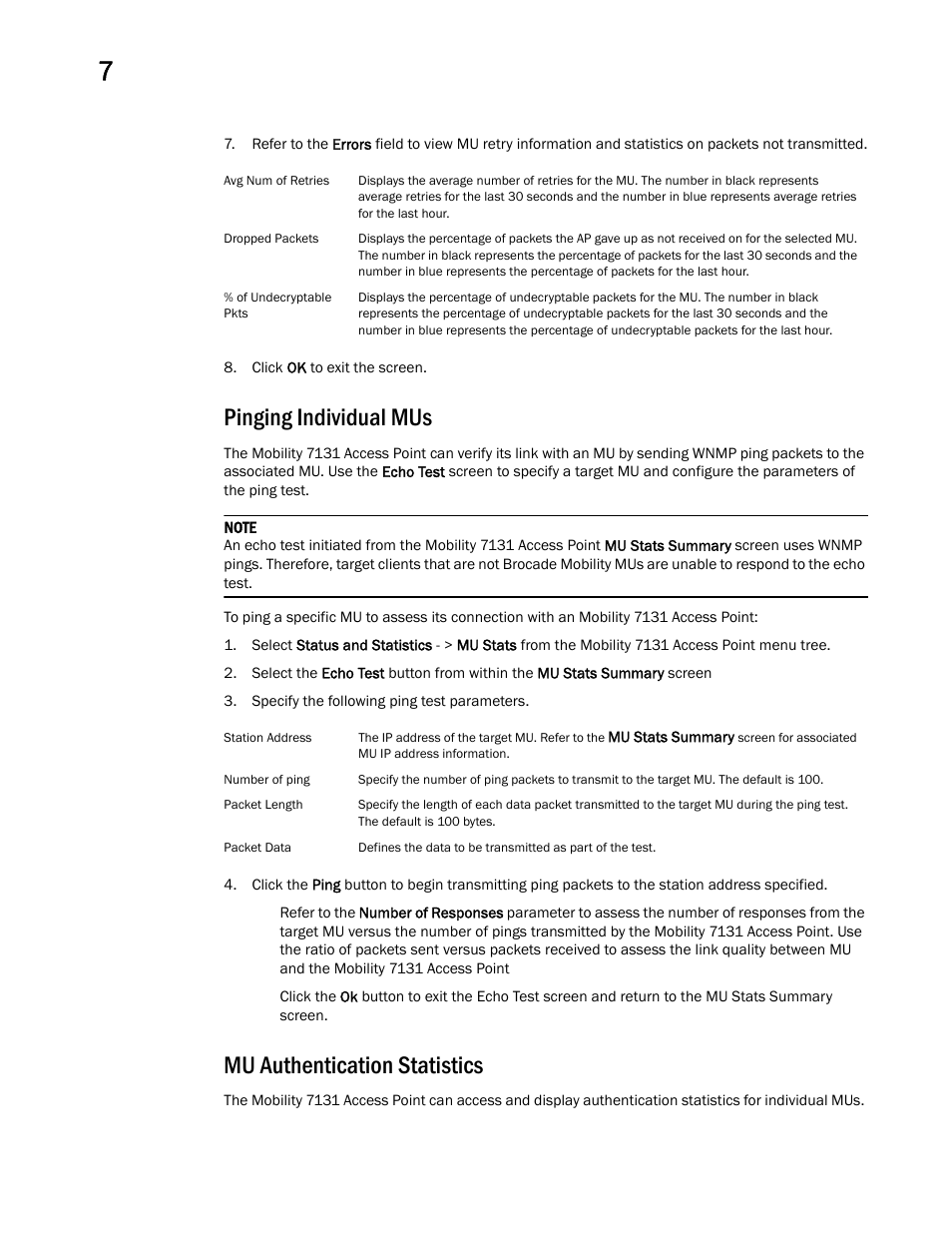 Pinging individual mus, Mu authentication statistics, Mu authentication | Brocade Mobility 7131 Access Point Product Reference Guide (Supporting software release 4.4.0.0 and later) User Manual | Page 286 / 520