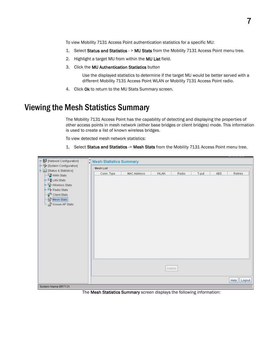 Viewing the mesh statistics summary | Brocade Mobility 7131 Access Point Product Reference Guide (Supporting software release 4.4.0.0 and later) User Manual | Page 287 / 520