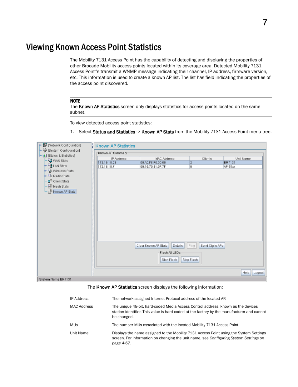 Viewing known access point statistics | Brocade Mobility 7131 Access Point Product Reference Guide (Supporting software release 4.4.0.0 and later) User Manual | Page 289 / 520