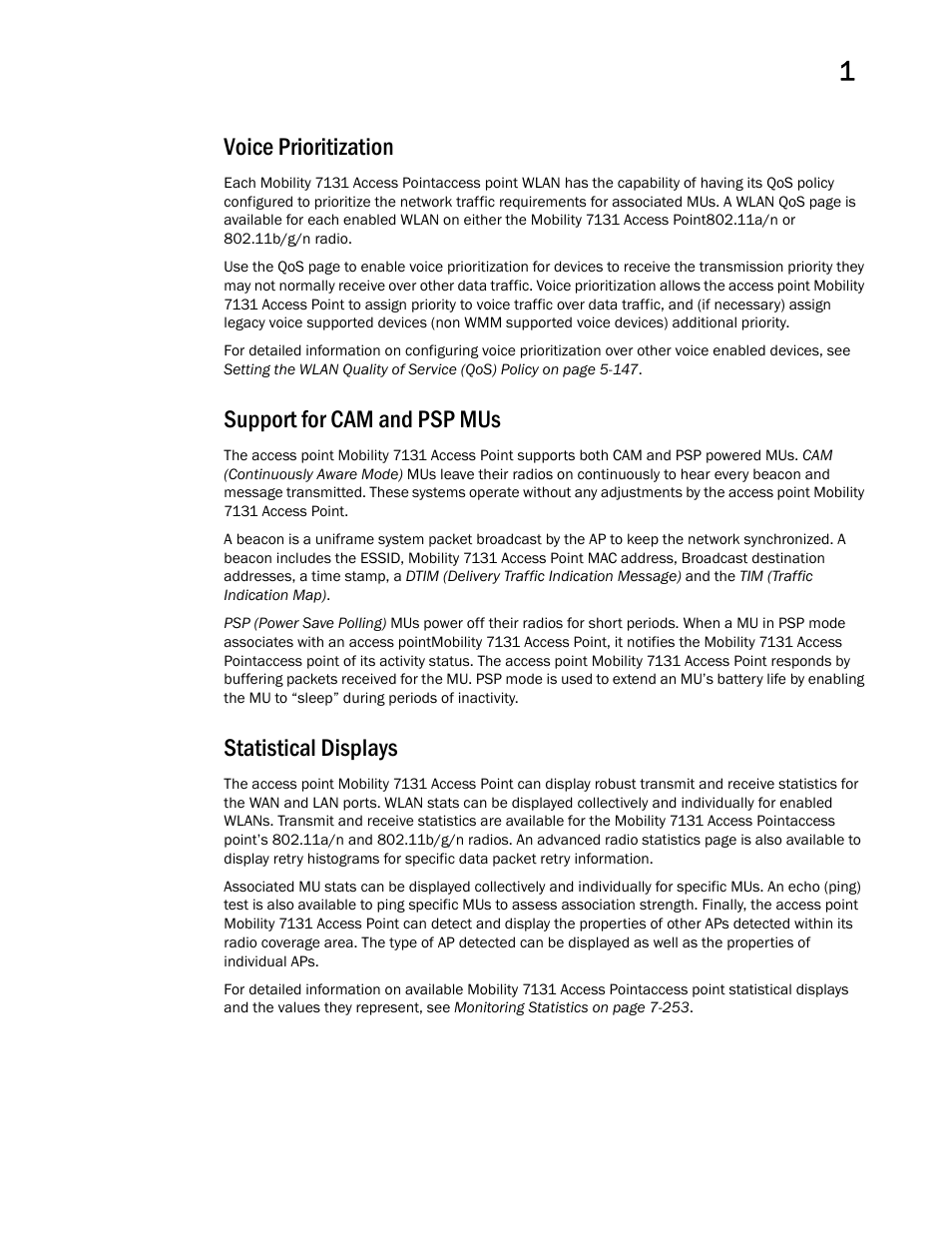 Voice prioritization, Support for cam and psp mus, Statistical displays | Brocade Mobility 7131 Access Point Product Reference Guide (Supporting software release 4.4.0.0 and later) User Manual | Page 29 / 520