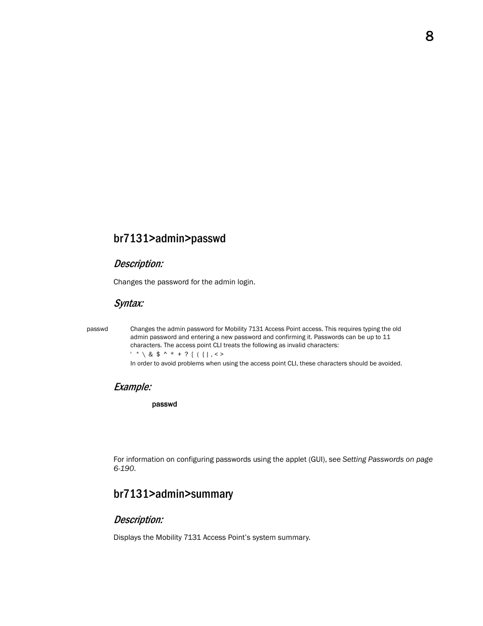 Br7131>admin>passwd, Br7131>admin>summary, Description | Syntax: example | Brocade Mobility 7131 Access Point Product Reference Guide (Supporting software release 4.4.0.0 and later) User Manual | Page 295 / 520