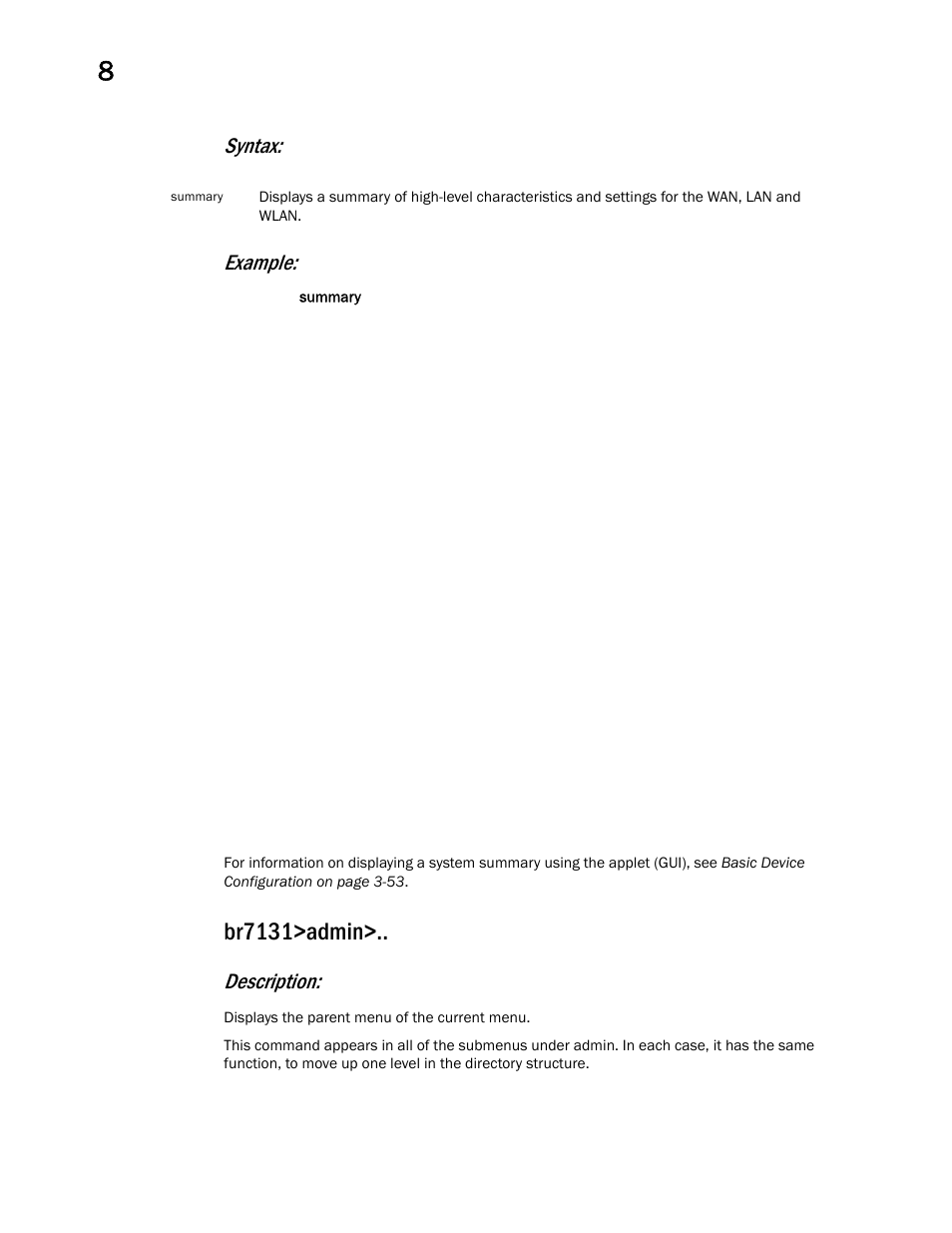 Br7131>admin, Syntax: example, Description | Brocade Mobility 7131 Access Point Product Reference Guide (Supporting software release 4.4.0.0 and later) User Manual | Page 296 / 520