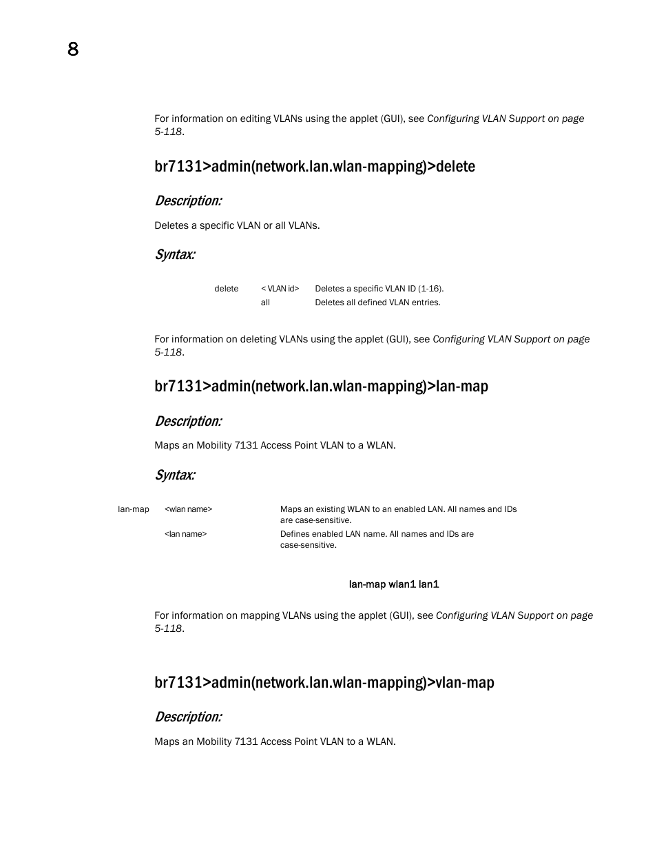 Br7131>admin(network.lan.wlan-mapping)>delete, Br7131>admin(network.lan.wlan-mapping)>lan-map, Br7131>admin(network.lan.wlan-mapping)>vlan-map | Description, Syntax | Brocade Mobility 7131 Access Point Product Reference Guide (Supporting software release 4.4.0.0 and later) User Manual | Page 306 / 520