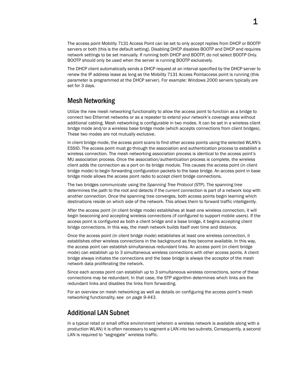 Mesh networking, Additional lan subnet | Brocade Mobility 7131 Access Point Product Reference Guide (Supporting software release 4.4.0.0 and later) User Manual | Page 31 / 520