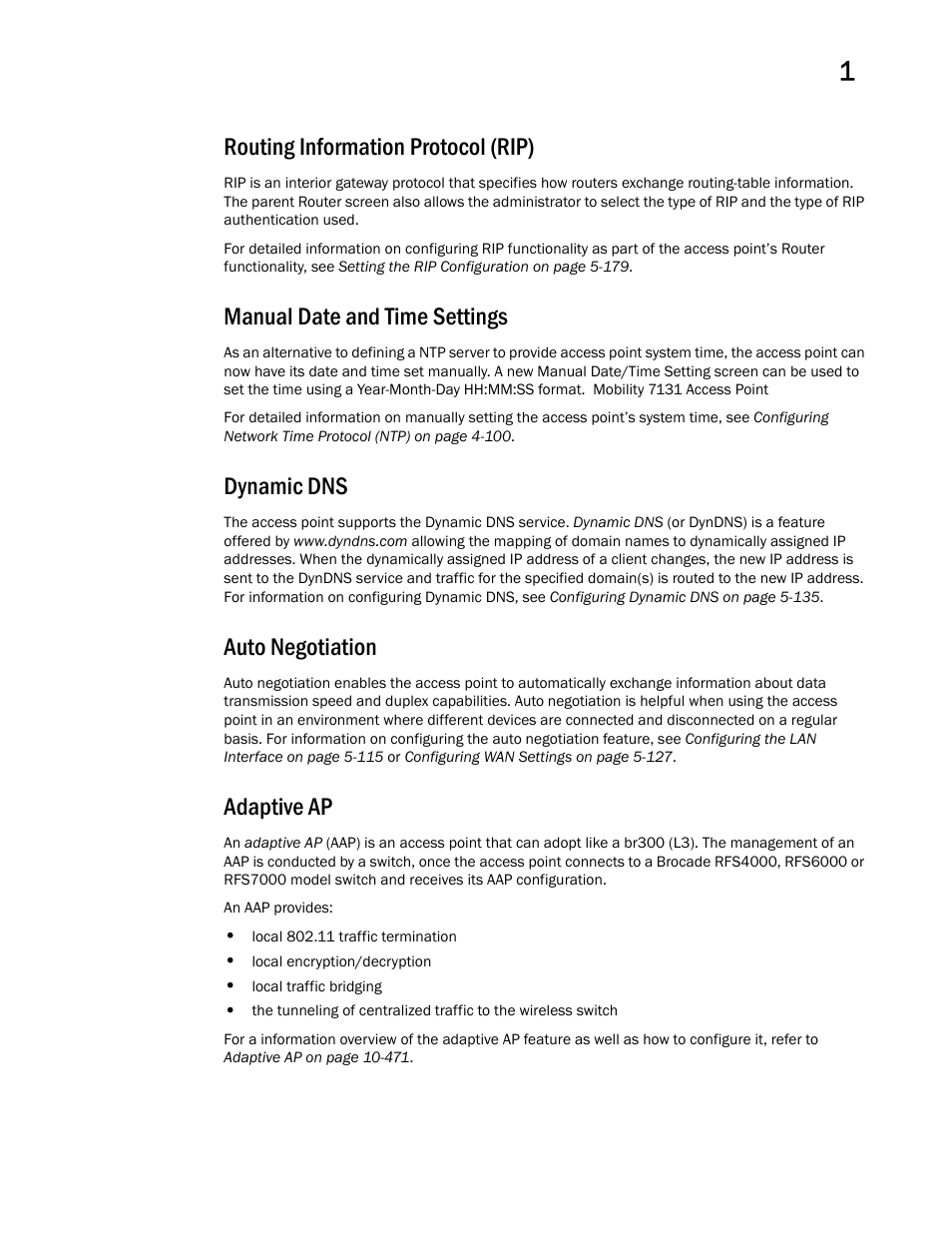 Routing information protocol (rip), Manual date and time settings, Dynamic dns | Auto negotiation, Adaptive ap | Brocade Mobility 7131 Access Point Product Reference Guide (Supporting software release 4.4.0.0 and later) User Manual | Page 33 / 520