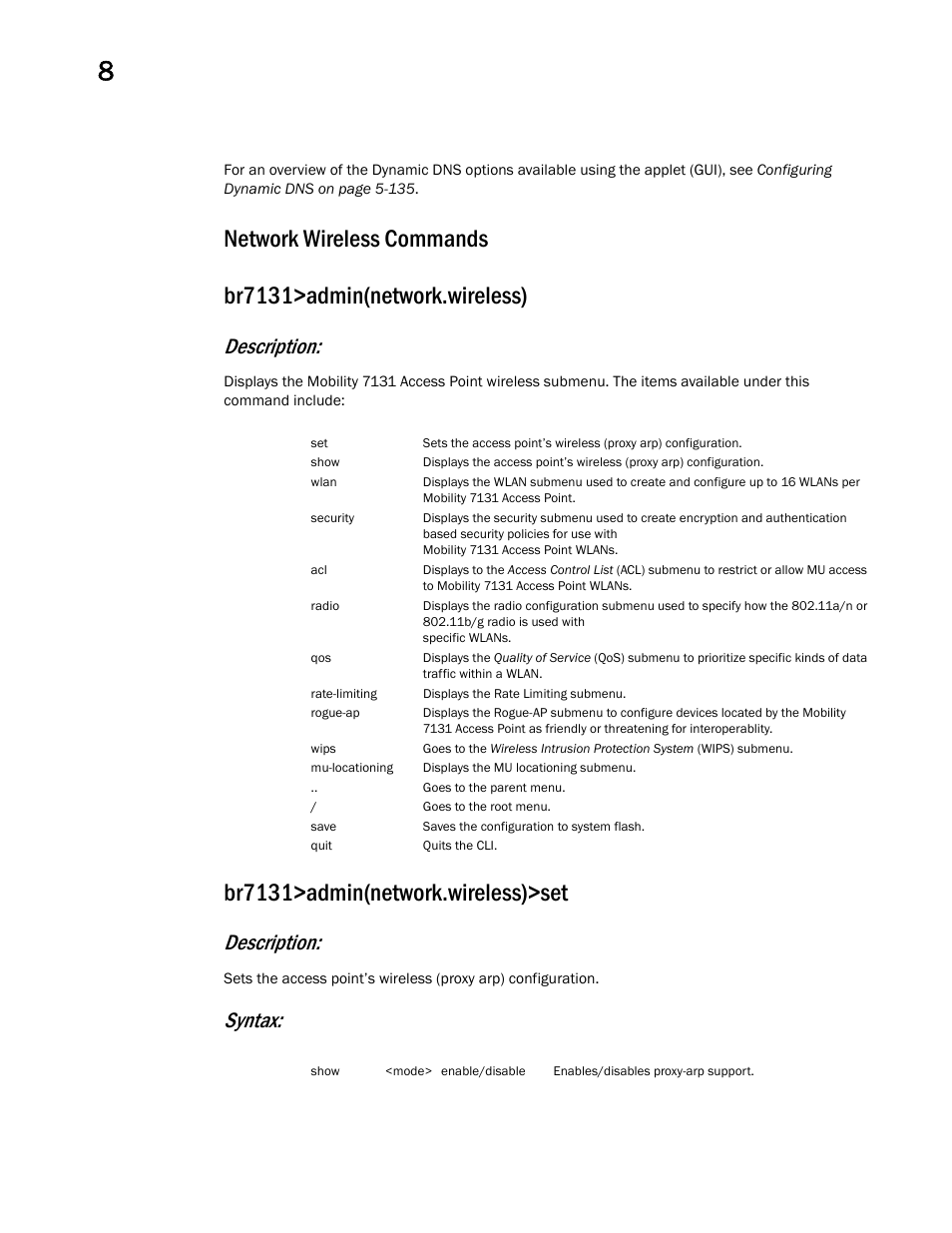 Network wireless commands, Br7131>admin(network.wireless)>set, Description | Syntax | Brocade Mobility 7131 Access Point Product Reference Guide (Supporting software release 4.4.0.0 and later) User Manual | Page 330 / 520