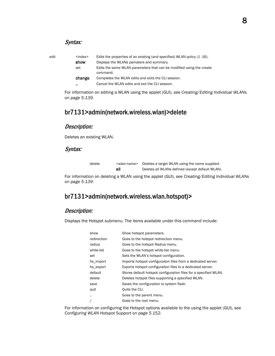 Br7131>admin(network.wireless.wlan)>delete, Br7131>admin(network.wireless.wlan.hotspot), Syntax | Description | Brocade Mobility 7131 Access Point Product Reference Guide (Supporting software release 4.4.0.0 and later) User Manual | Page 335 / 520