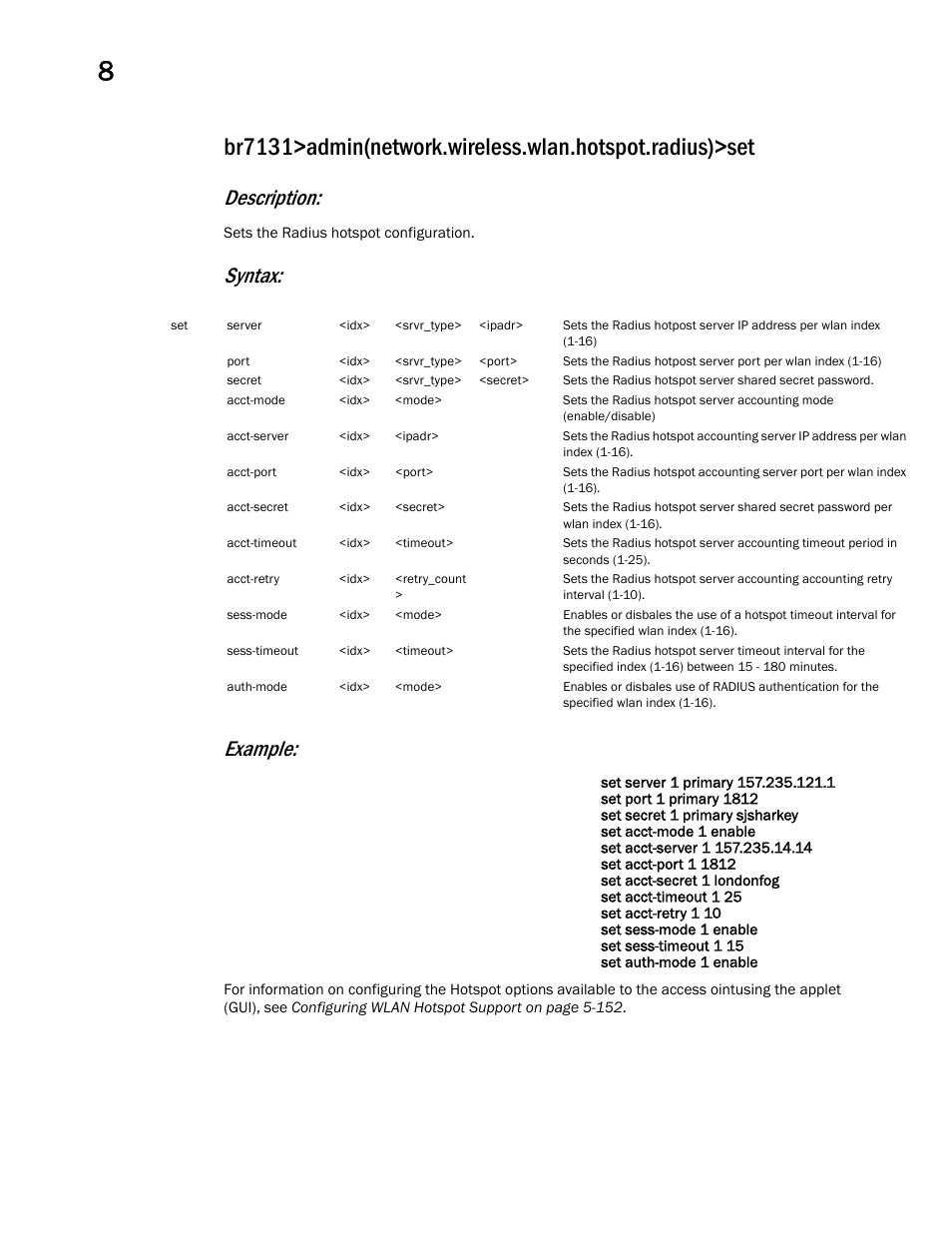 Description, Syntax: example | Brocade Mobility 7131 Access Point Product Reference Guide (Supporting software release 4.4.0.0 and later) User Manual | Page 338 / 520