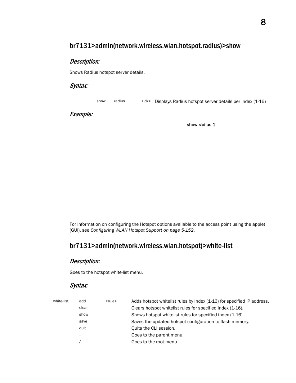 Description, Syntax: example, Syntax | Brocade Mobility 7131 Access Point Product Reference Guide (Supporting software release 4.4.0.0 and later) User Manual | Page 339 / 520