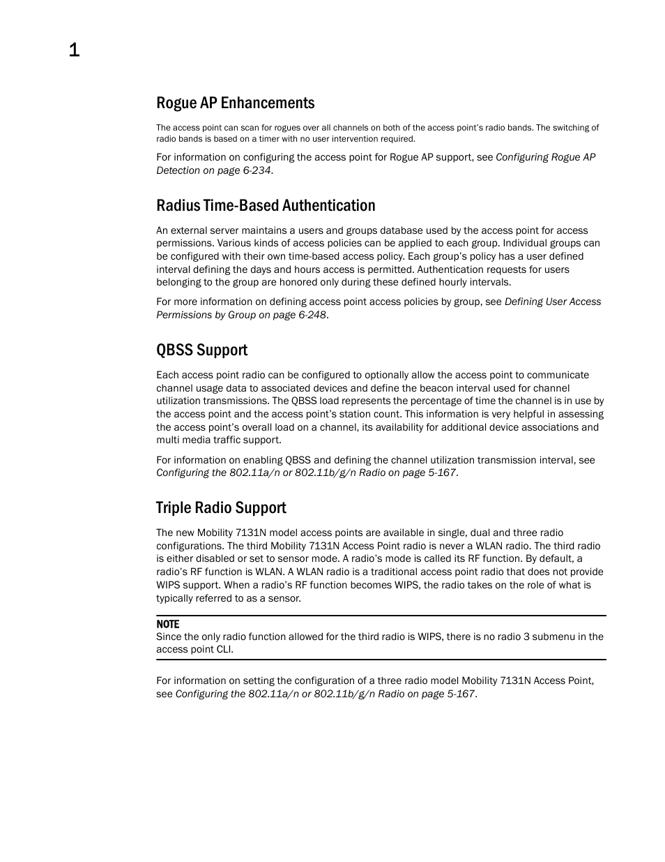 Rogue ap enhancements, Radius time-based authentication, Qbss support | Triple radio support | Brocade Mobility 7131 Access Point Product Reference Guide (Supporting software release 4.4.0.0 and later) User Manual | Page 34 / 520