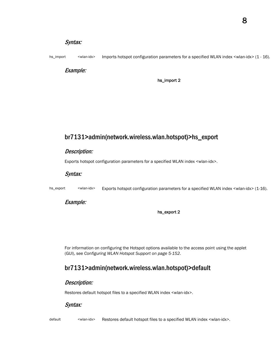 Syntax: example, Description, Syntax | Brocade Mobility 7131 Access Point Product Reference Guide (Supporting software release 4.4.0.0 and later) User Manual | Page 341 / 520