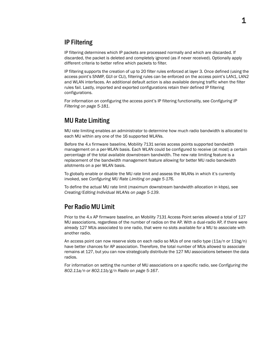 Ip filtering, Mu rate limiting, Per radio mu limit | Brocade Mobility 7131 Access Point Product Reference Guide (Supporting software release 4.4.0.0 and later) User Manual | Page 35 / 520