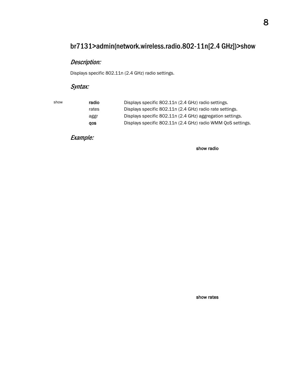 Description, Syntax: example | Brocade Mobility 7131 Access Point Product Reference Guide (Supporting software release 4.4.0.0 and later) User Manual | Page 355 / 520